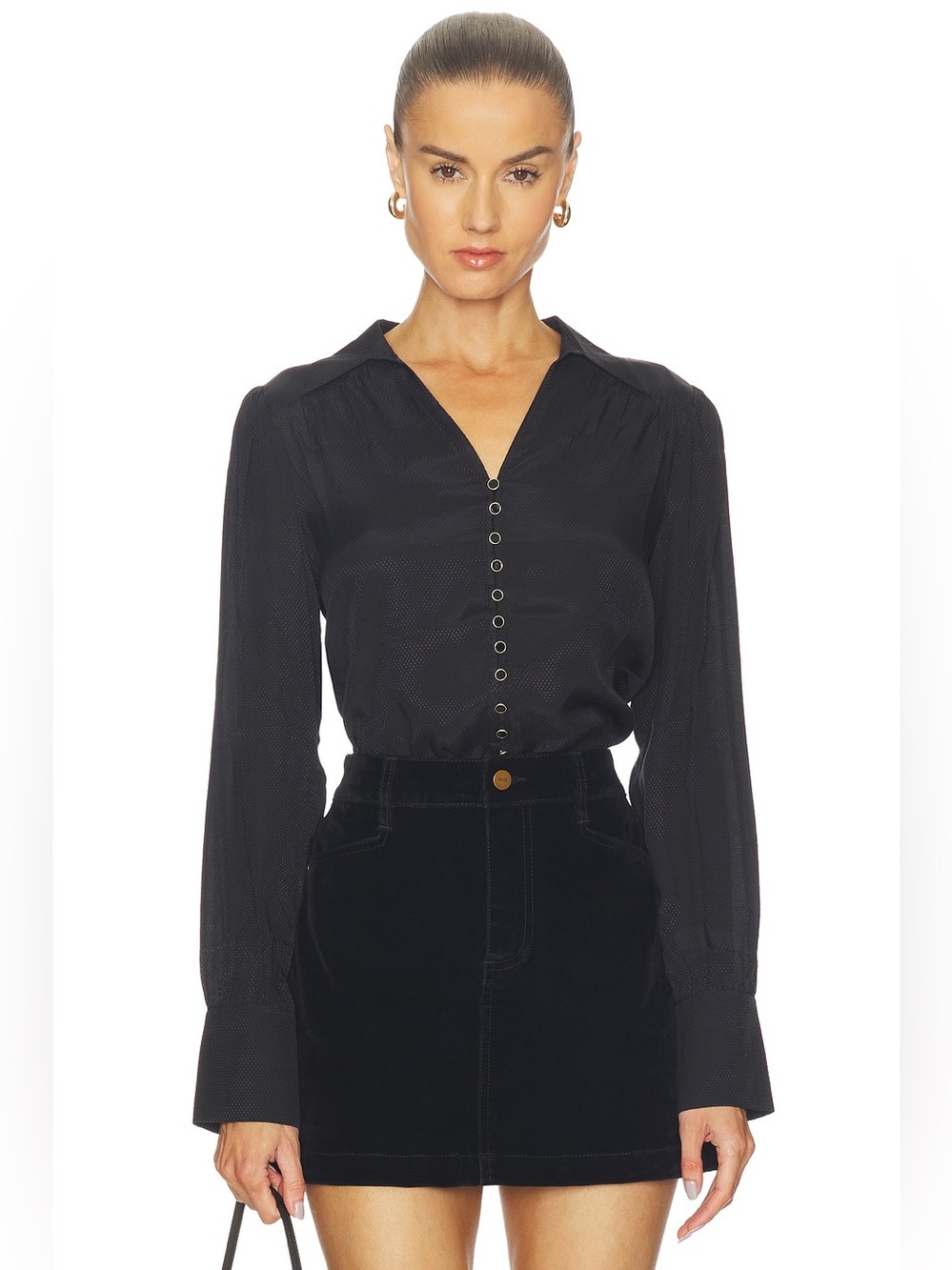 PAIGE Black Snap-Front Long-Sleeve Blouse Retail $269